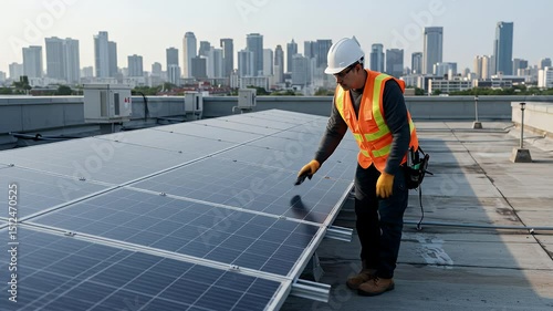 Wallpaper Mural Technician inspects solar panels on a rooftop. Torontodigital.ca