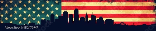 Cityscape silhouette on vintage American flag, 
