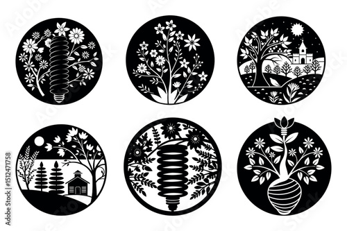 Six Circle Floral Laser Cut Designs on Transparent Background Artful Black&White