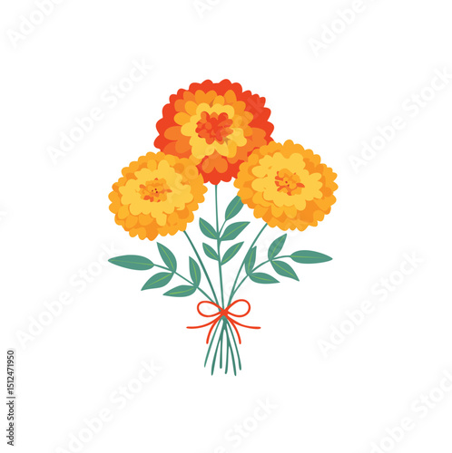Vibrant marigold bouquet tied with red ribbon