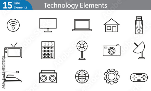 Technology Elements - Black Line Art Vector Illustration Set (EPS)