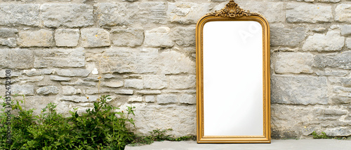 Ornate Gold Framed Mirror Against Stone Wall