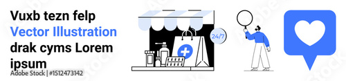 Pharmacy storefront with products, shopping bags, a 247 tag, human holding magnifier, and heart notification. Ideal for healthcare, e-commerce, social media, marketing online services customer