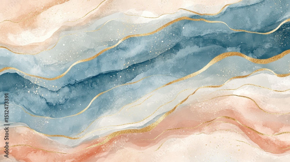 Obraz premium Watercolor art background vector. Wallpaper design with paint brush and gold line art. Earth tone blue, pink, ivory, beige watercolor Illustration for prints, wall art, cover and invitation cards. il