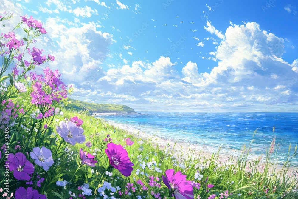 Obraz premium Wildflowers bloom along the vibrant shoreline under a bright blue sky in an anime style, Wildflowers blooming along the shore, anime style, seamless background