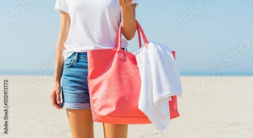 Woman with Beach Bag on Sand