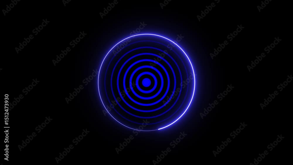Glowing wave passes across a radar screen on black background. Neon radar animation highlights bright signals in 4k clarity and smooth motion.