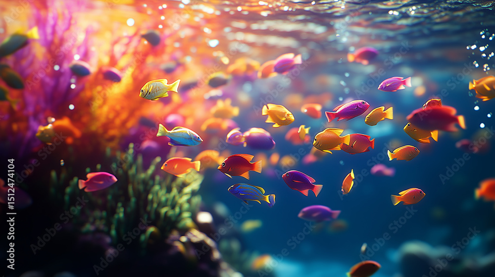 Naklejka premium Vibrant Tropical Fish School Swimming Over Colorful Coral Gardens Under Sunlit Ocean