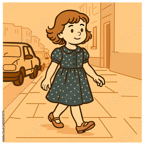 flat vector girl in green polka dot dress in retro style no background