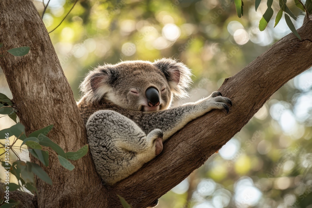 Obraz premium Koala bear naps on tree branch while scratching its fur in a peaceful forest setting, Koala bear scratches fur and takes a nap on tree branch of Australia forest