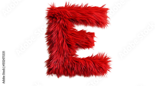 A vividly red furry letter e displayed against a stark black backdrop in a studio setting isolated on transparent background