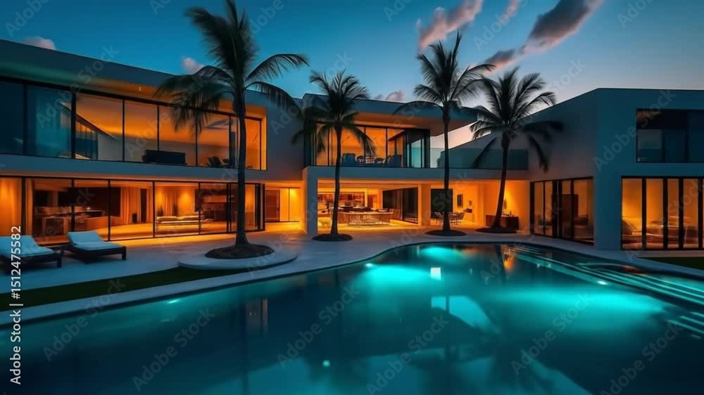Luxurious villa with infinity pool reflecting sunset hues and palm trees
