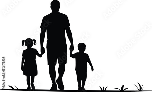 Father with kids walking on field silhouette on transparent background design