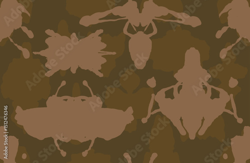 Abstract hand drawn brown camouflage imaginary insects and foliages seamless pattern, ethnic and tribal block print background, simple nature graphic for textile, decoration, wrapping paper