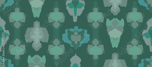 Seamless hand drawn abstract strange cute imaginary foliage shapes pattern in green, tribal and ethnic block print background, simple and creative graphic for textile, decoration, carpet
