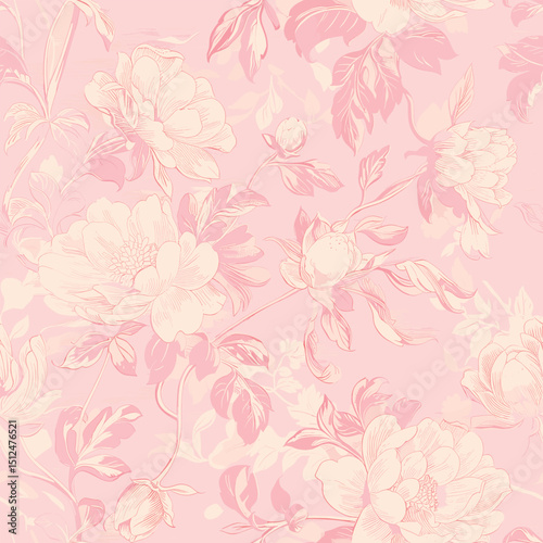 Pink Toile De Jouy Vintage Floral Seamless Pattern 05. Elegant Vector Graphics Print design