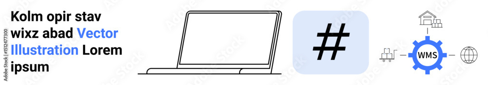 Fototapeta premium Laptop image, metadata tag symbol, and WMS gear connecting global shipping, logistics, and management. Ideal for technology, supply chain, productivity, communication automation networking simple