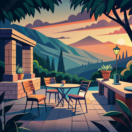 "Golden Hour Retreat: Mountain Terrace Bathed in Tranquility"