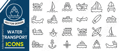 Water transport icon set. Linear icon collection of kayak, inflatable boat, vessel, sailboat and motor ship. Water transport vector illustration.