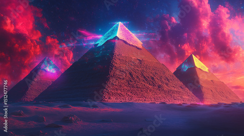 Psychedelic Floating Great Pyramid of Giza with Neon Colors and Historical Figures