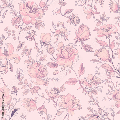 Pink Toile De Jouy Vintage Floral Seamless Pattern 06. Elegant Vector Graphics Print design