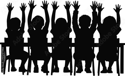 Raised Hands Students, Black Silhouettes Sitting At Desks On Transparent Background