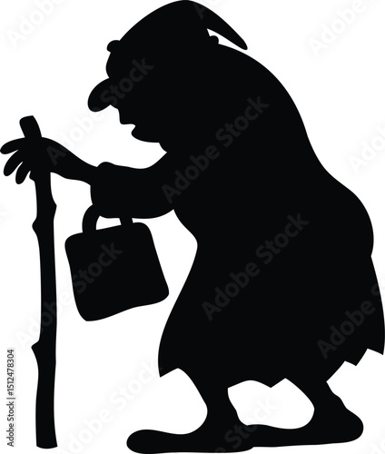 Old Witch Silhouette with Walking Cane and Bag, Vector Illustration of Hunched Halloween Character for Spooky Decor, Fairytale Art, and Scary Scenes