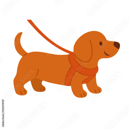 Cartoon brown dog in harness with leash. Flat vector illustration of happy pet ready for walk.