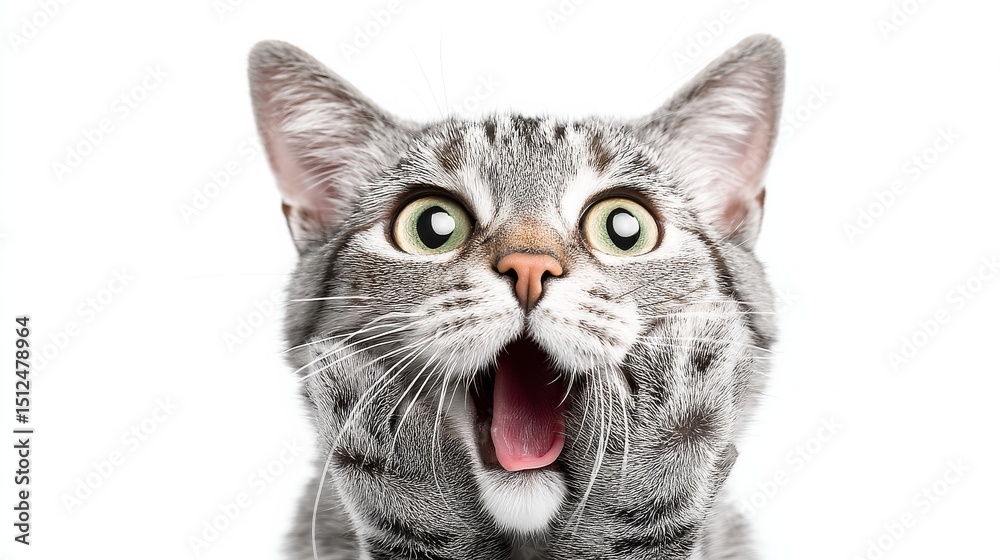 Fototapeta premium Surprised Grey Cat Close-Up Wide-Eyed, Mouth Open Composition, Pet Photography, Animal Portrait Pet photography, cat portrait