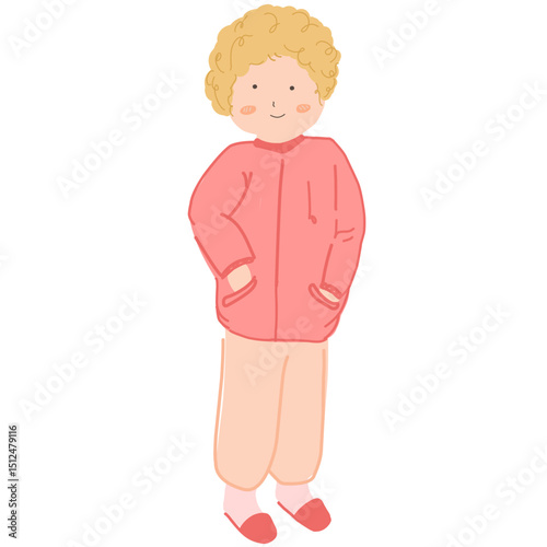 Simple illustration people with blonde curly hair wearing a pink jacket and pants. It could be used for educational materials, children's books, or as a graphic element in various designs.