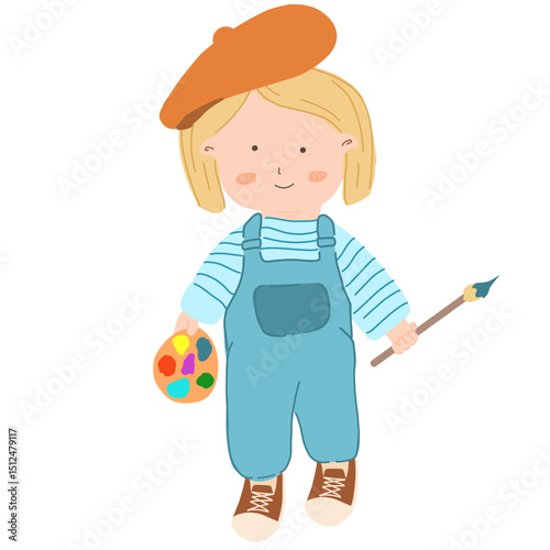 a cartoon illustration of a child artist wearing a beret and overalls, holding a palette and paintbrush. It is likely used as a graphic for children's educational materials or creative projects.