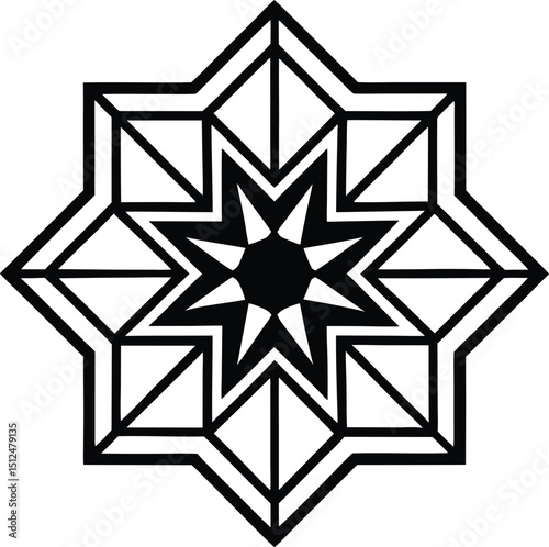 Bold Geometric Star Mandala Design in Black on White Background