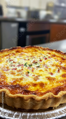 Wallpaper Mural Quiche Lorraine is freshly baked, featuring a rich cream and egg filling with crisp pieces of bacon evenly distributed throughout the golden crust, perfect for any meal Torontodigital.ca