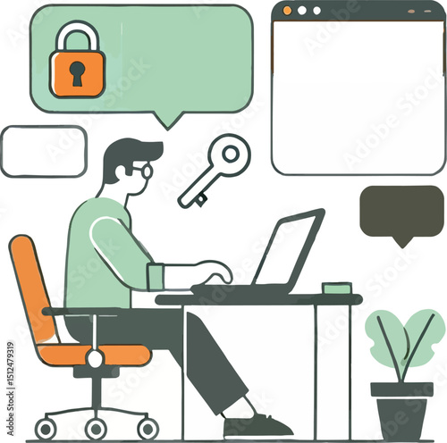 Professional person working on a laptop with digital security and secure online data represented