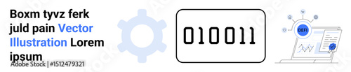 Gear representing automation, binary code display, analytics screen, and graph. Ideal for technology, coding, machine learning, data trends, productivity statistics simple landing page