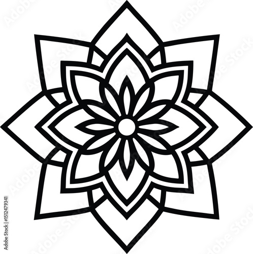 Black and White Mandala Design with Symmetrical Patterns for Coloring