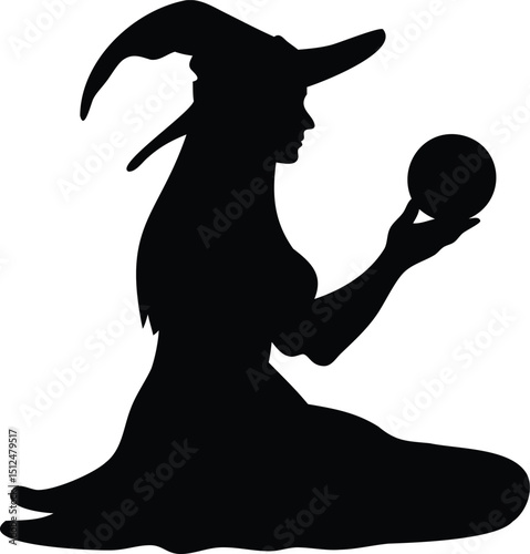 Elegant Witch Silhouette Sitting with Crystal Ball, Halloween Vector Illustration for Mystic Themes, Fortune Telling Graphics, and Spooky Party Decor
