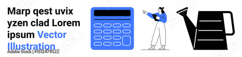 Calculator, person holding document and pointing ahead, watering can in minimalist style. Ideal for productivity, education, finance, gardening, teamwork, planning simple landing page