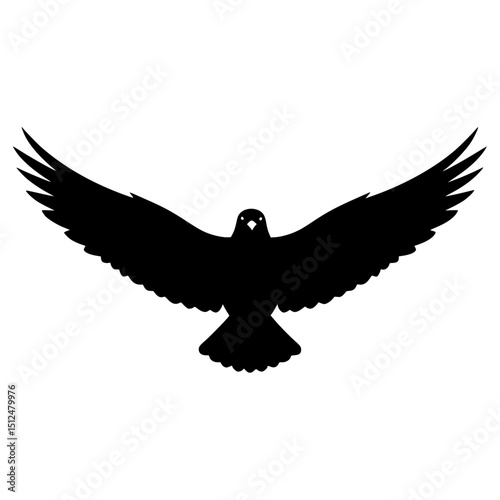 Black silhouette of a soaring eagle hawk falcon bird with wings spread flying high in the sky vector
