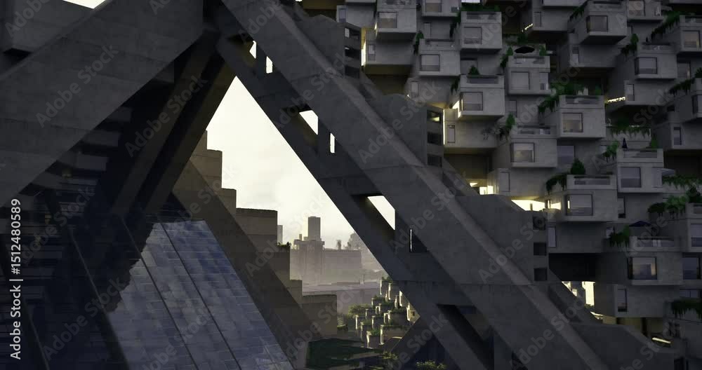 Unique structures blend geometric shapes and natural elements in a bustling city. Tall buildings feature green spaces, creating harmony between nature and modern living.