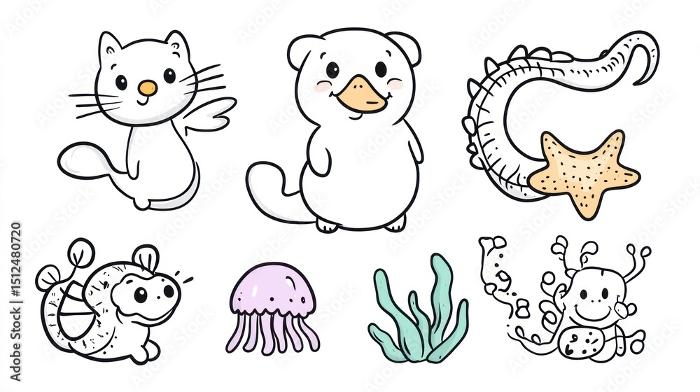 Fototapeta premium Cute cartoon sea animals