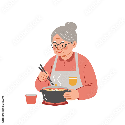 Vector image of senior woman cooking in the kitchen, hobbies and content aging. Steaming asian dish on the table