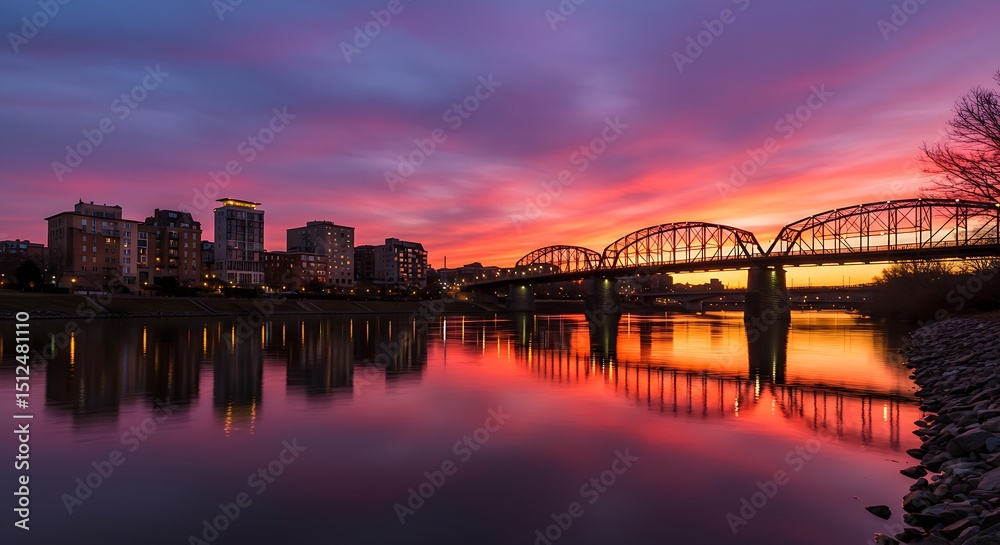 Naklejka premium This picturesque urban landscape features a stunning sunset over a river, showcasing a grand bridge and city lights beautifully reflected on the water