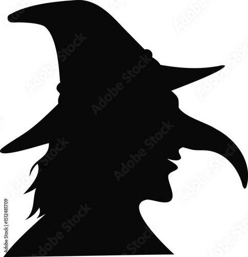 Halloween Witch Face in Profile Silhouette with Hat, Short Nose Character Vector for Holiday Decorations, Stickers, and Spooky Crafts