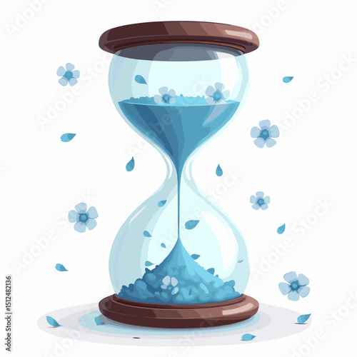 Hourglass filled with blue petals and flowers in a whimsical style  