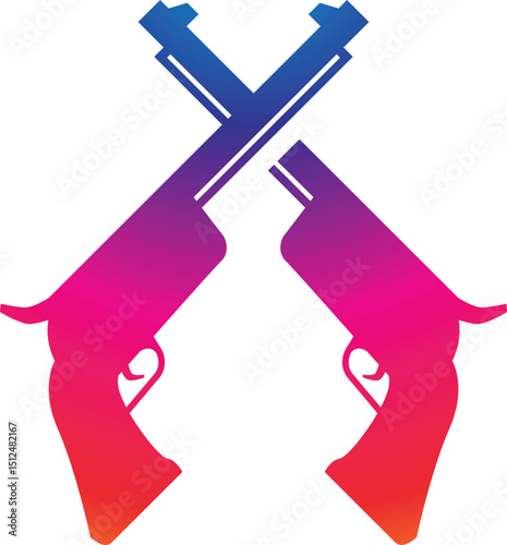 Graphic black and white detailed silhouette modern and retro pistols and revolvers with ammo clip. 
