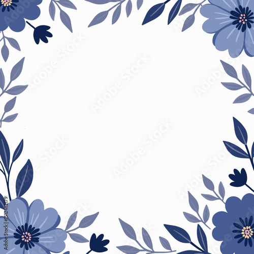 Decorative floral frame design with blue flowers and leaves  