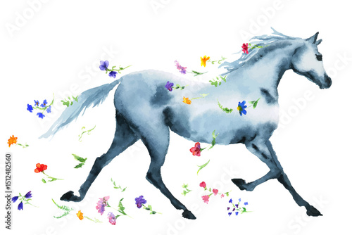 Watercolor or ink hand drawn trotting horse or pony with wildflowers on white. Hand painting beauty romantic Japanese style vector silhouette of wild running horse with falling flowers
