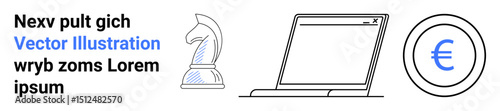 Chess knight, open laptop, and euro coin highlighting strategy, business, technology, finance, planning, investment and creativity. Ideal for marketing visuals brainstorming material simple