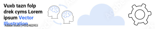 Human brains connected by arrows, blue cloud in center, gear on right symbolizing automation. Ideal for brainpower, automation, cloud computing, AI, teamwork, innovation simple landing page